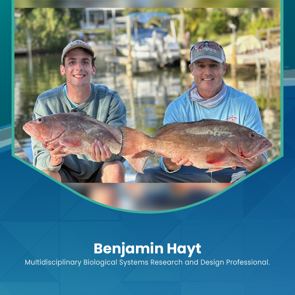 Two people holding fish beside the water in a graphic labeled Benjamin Hayt
