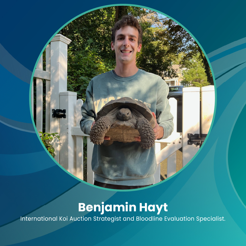 A person holding a large tortoise beside a white fence in a graphic labeled Benjamin Hayt