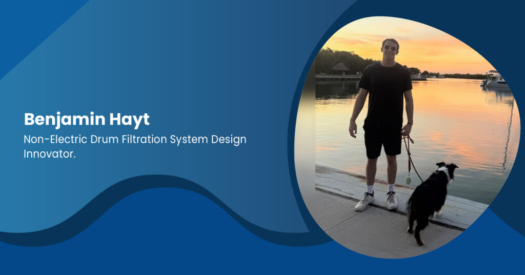 A person standing with a dog beside the water at sunset in a graphic labeled Benjamin Hayt